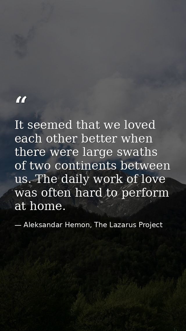 It seemed that we loved each other better when there were large swaths of two continents between us. The daily work of l — Aleksandar Hemon, The Lazarus Project