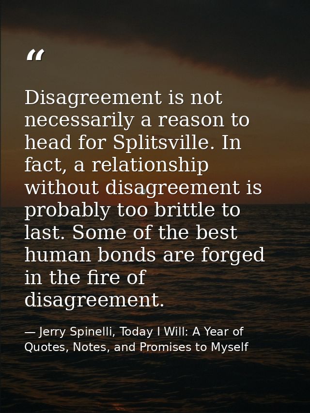 Disagreement is not necessarily a reason to head for Splitsville. In fact, a relationship without disagreement is probab — Jerry Spinelli, Today I Will: A Year of Quotes, Notes, and Promises to Myself