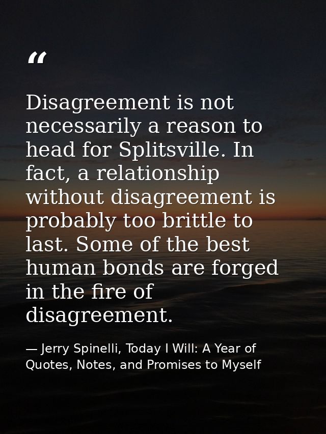 Disagreement is not necessarily a reason to head for Splitsville. In fact, a relationship without disagreement is probab — Jerry Spinelli, Today I Will: A Year of Quotes, Notes, and Promises to Myself