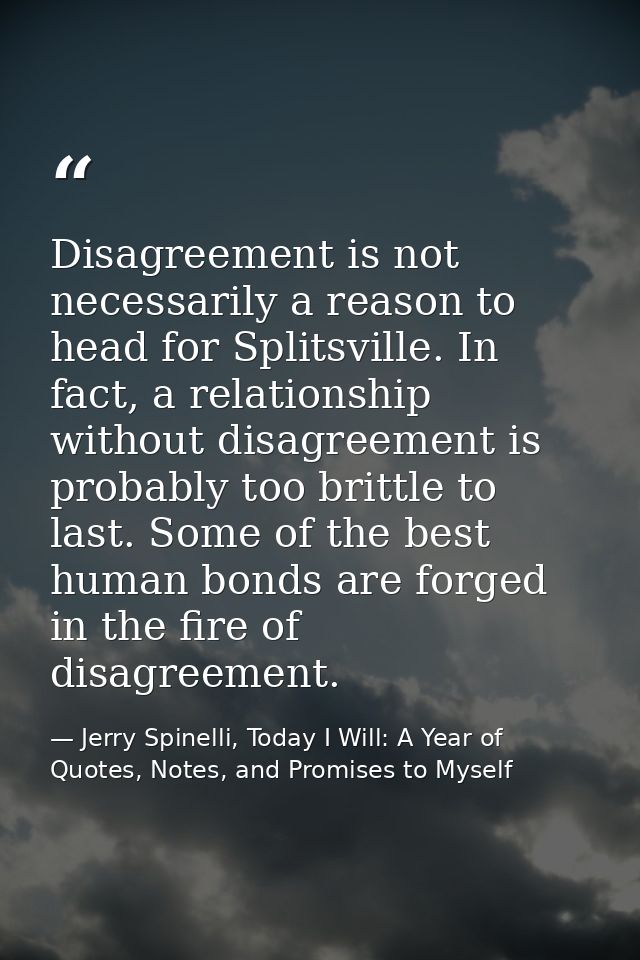 Disagreement is not necessarily a reason to head for Splitsville. In fact, a relationship without disagreement is probab — Jerry Spinelli, Today I Will: A Year of Quotes, Notes, and Promises to Myself