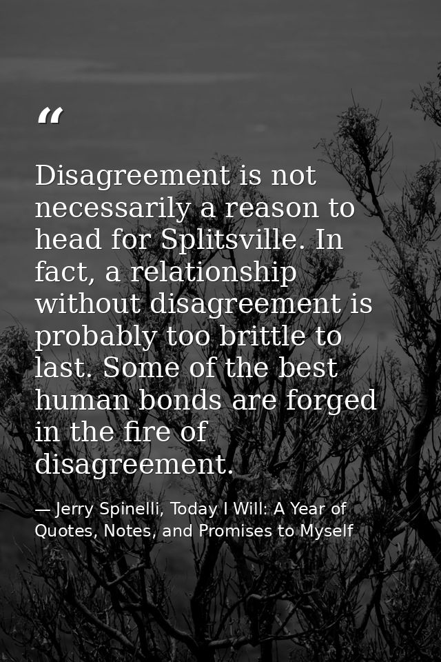 Disagreement is not necessarily a reason to head for Splitsville. In fact, a relationship without disagreement is probab — Jerry Spinelli, Today I Will: A Year of Quotes, Notes, and Promises to Myself