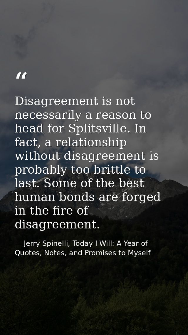 Disagreement is not necessarily a reason to head for Splitsville. In fact, a relationship without disagreement is probab — Jerry Spinelli, Today I Will: A Year of Quotes, Notes, and Promises to Myself