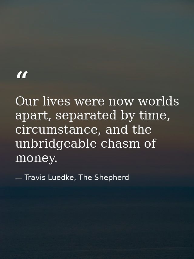 Our lives were now worlds apart, separated by time, circumstance, and the unbridgeable chasm of money. — Travis Luedke, The Shepherd