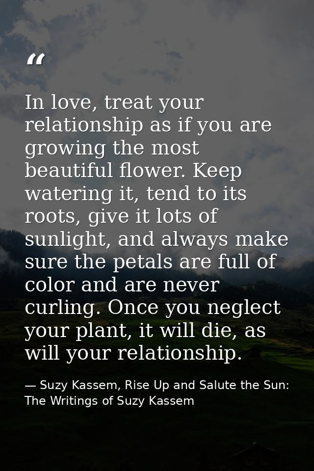 In love, treat your relationship as if you are growing the most beautiful flower. Keep watering it, tend to its roots, g — Suzy Kassem, Rise Up and Salute the Sun: The Writings of Suzy Kassem