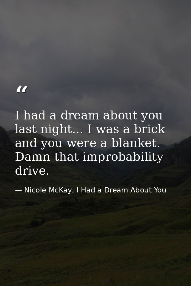 I had a dream about you last night... I was a brick and you were a blanket. Damn that improbability drive. — Nicole McKay, I Had a Dream About You