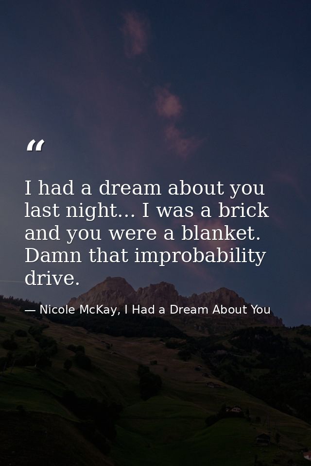 I had a dream about you last night... I was a brick and you were a blanket. Damn that improbability drive. — Nicole McKay, I Had a Dream About You