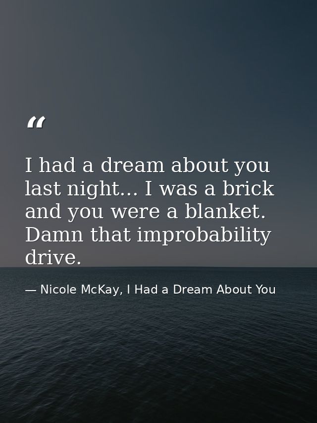 I had a dream about you last night... I was a brick and you were a blanket. Damn that improbability drive. — Nicole McKay, I Had a Dream About You