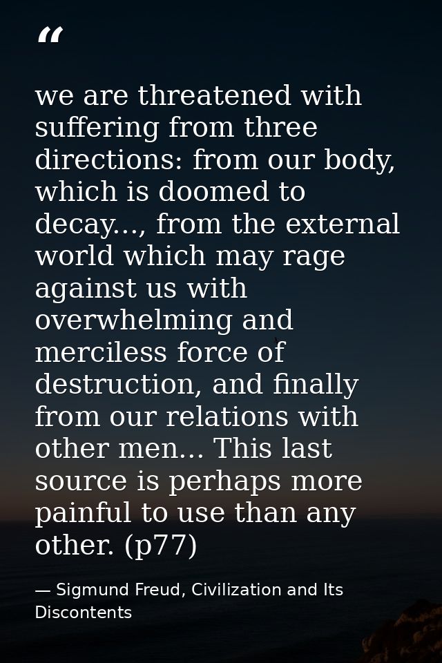 we are threatened with suffering from three directions: from our body, which is doomed to decay..., from the external wo — Sigmund Freud, Civilization and Its Discontents