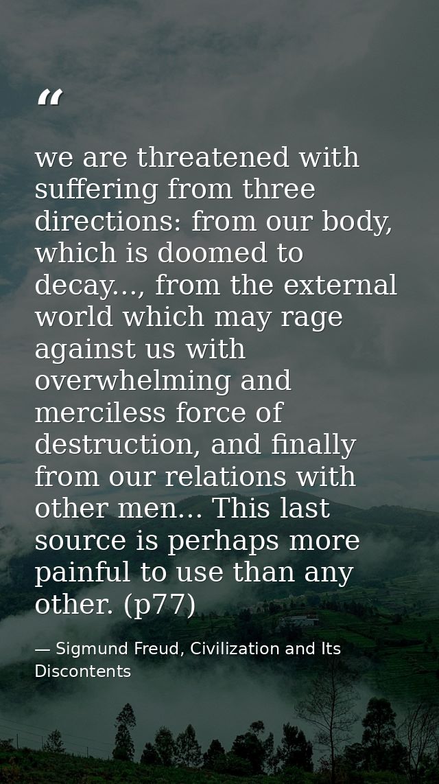 we are threatened with suffering from three directions: from our body, which is doomed to decay..., from the external wo — Sigmund Freud, Civilization and Its Discontents