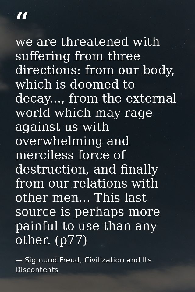 we are threatened with suffering from three directions: from our body, which is doomed to decay..., from the external wo — Sigmund Freud, Civilization and Its Discontents