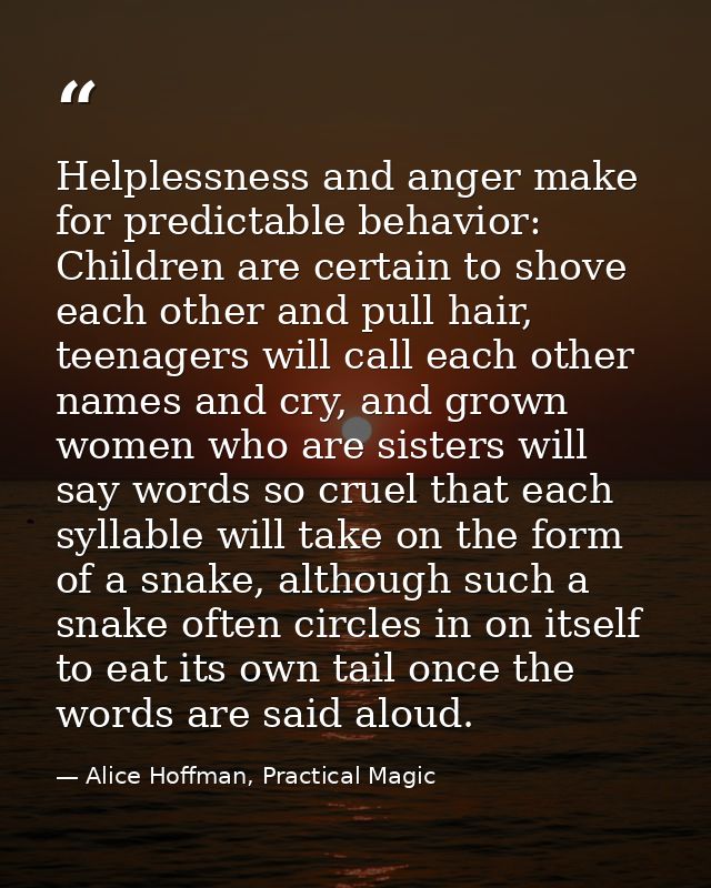 Helplessness and anger make for predictable behavior: Children are certain to shove each other and pull hair, teenagers  — Alice Hoffman, Practical Magic