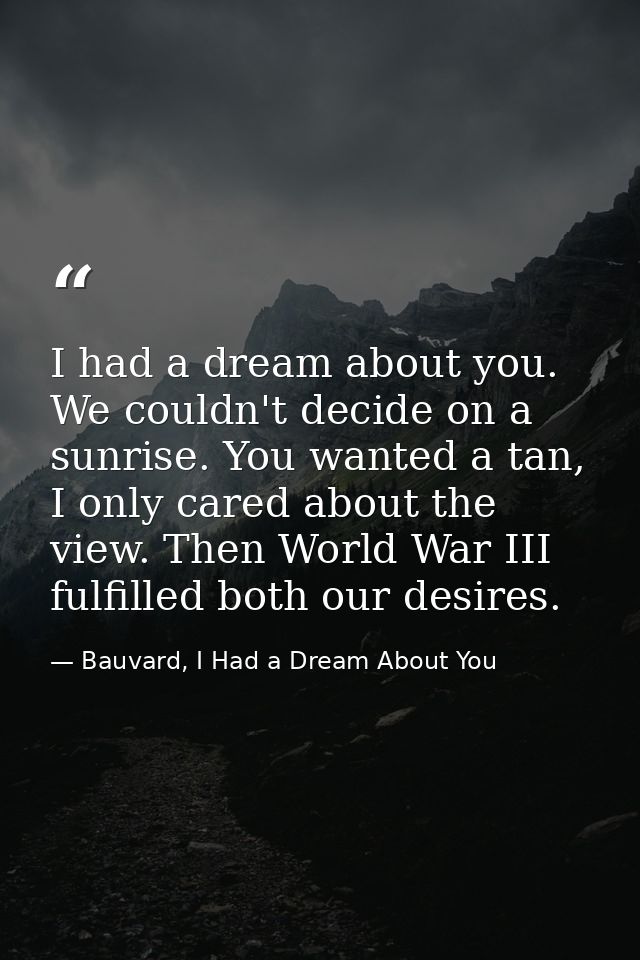 I had a dream about you. We couldn't decide on a sunrise. You wanted a tan, I only cared about the view. Then World War  — Bauvard, I Had a Dream About You