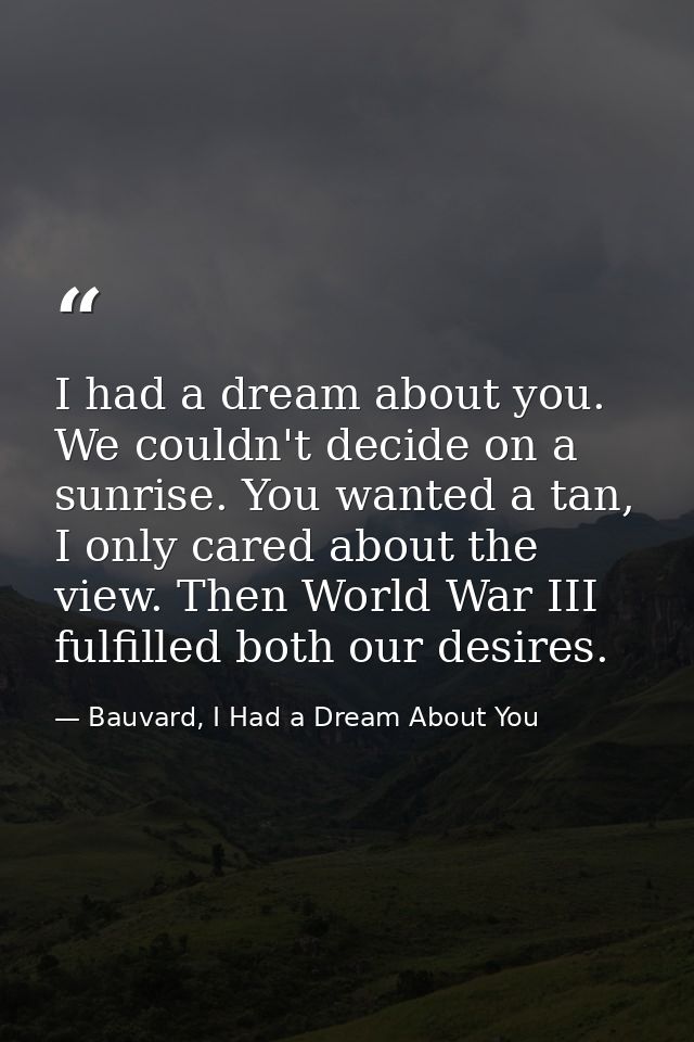I had a dream about you. We couldn't decide on a sunrise. You wanted a tan, I only cared about the view. Then World War  — Bauvard, I Had a Dream About You