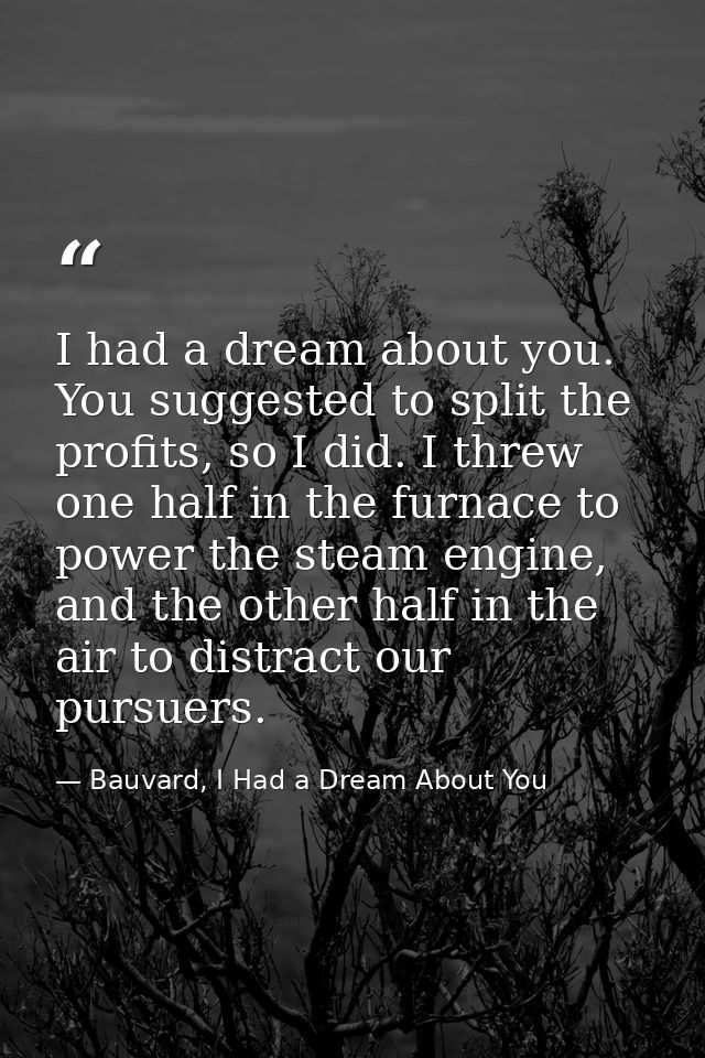 I had a dream about you. You suggested to split the profits, so I did. I threw one half in the furnace to power the stea — Bauvard, I Had a Dream About You