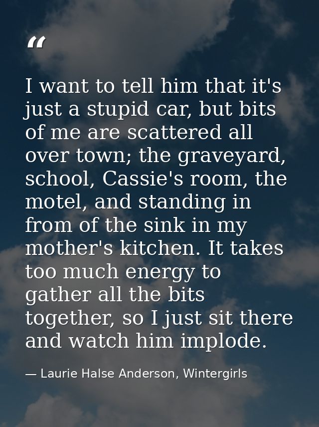 I want to tell him that it's just a stupid car, but bits of me are scattered all over town; the graveyard, school, Cassi — Laurie Halse Anderson, Wintergirls
