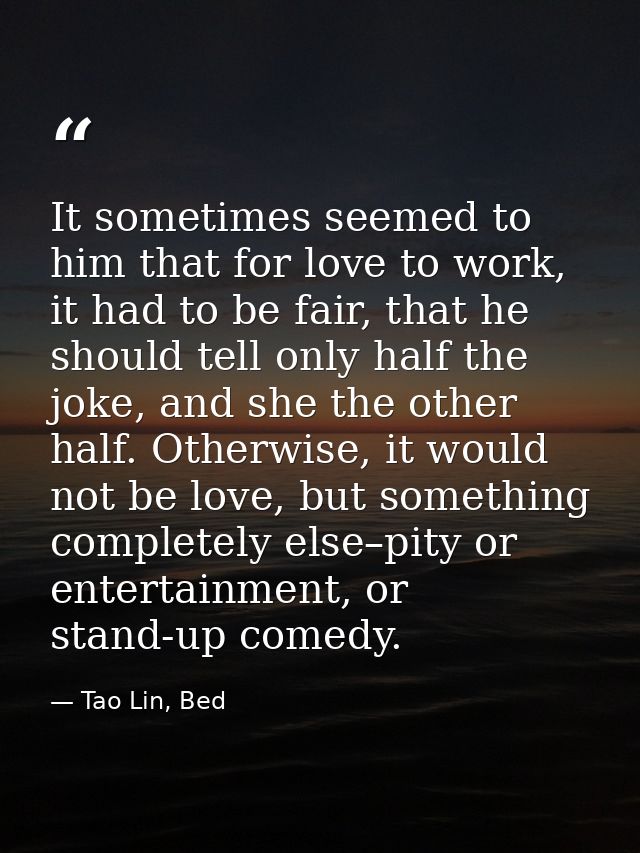 It sometimes seemed to him that for love to work, it had to be fair, that he should tell only half the joke, and she the — Tao Lin, Bed