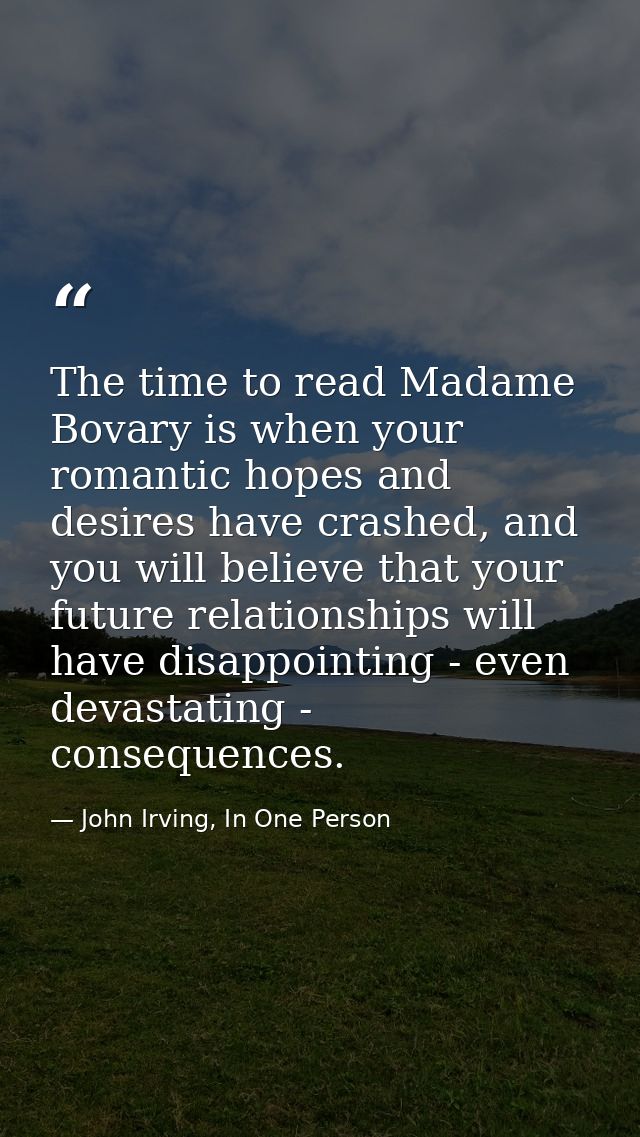 The time to read Madame Bovary is when your romantic hopes and desires have crashed, and you will believe that your futu — John Irving, In One Person
