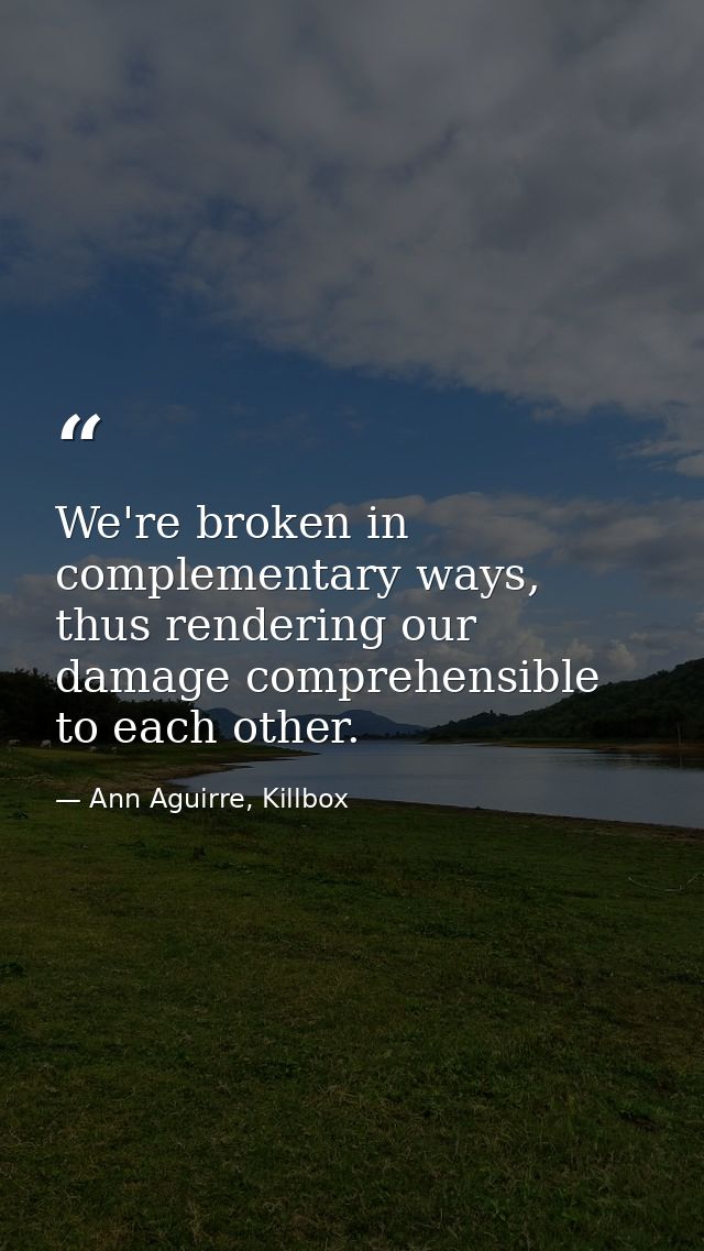 We're broken in complementary ways, thus rendering our damage comprehensible to each other. — Ann Aguirre, Killbox