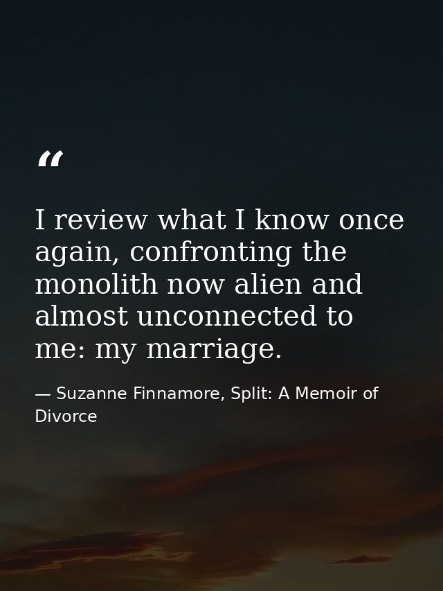 I review what I know once again, confronting the monolith now alien and almost unconnected to me: my marriage. — Suzanne Finnamore, Split: A Memoir of Divorce