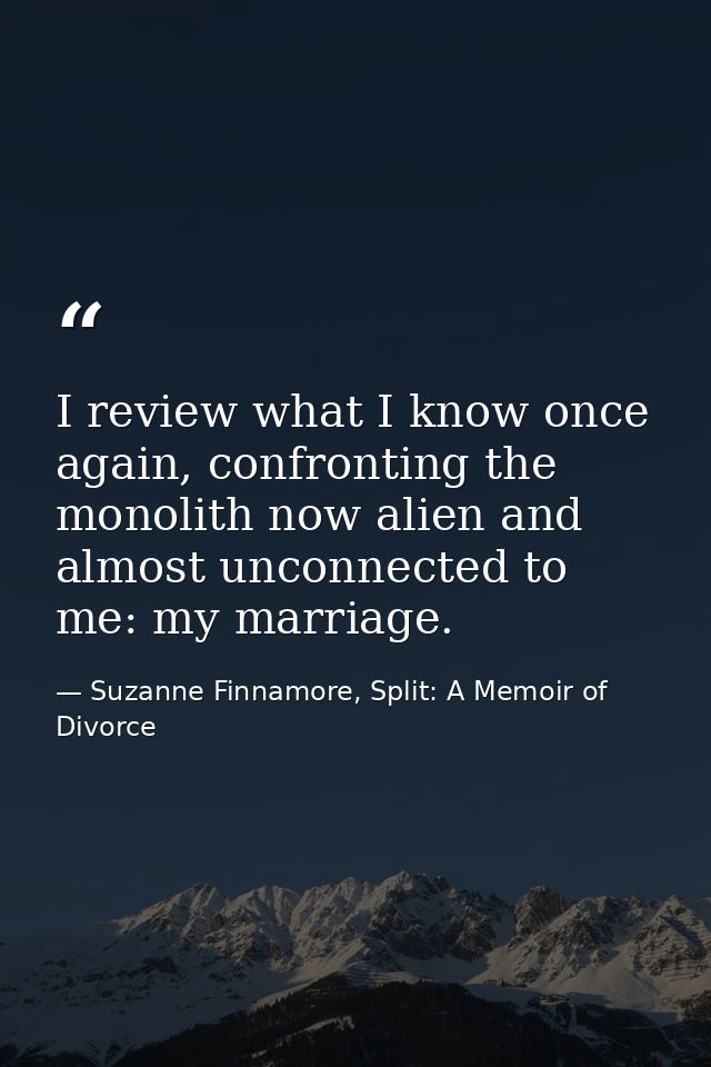 I review what I know once again, confronting the monolith now alien and almost unconnected to me: my marriage. — Suzanne Finnamore, Split: A Memoir of Divorce