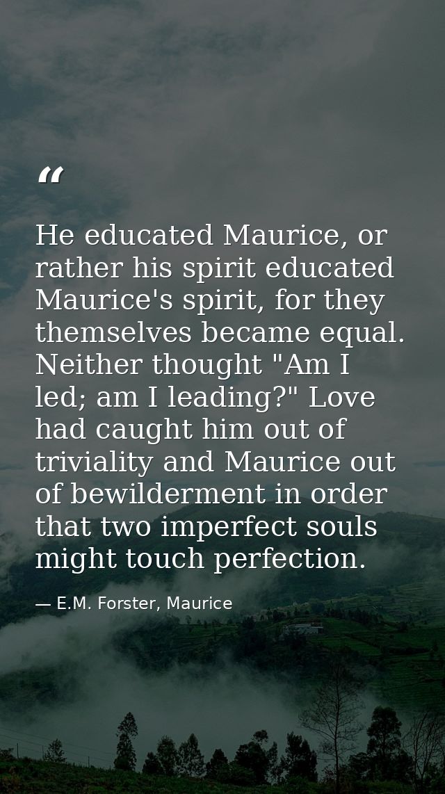 He educated Maurice, or rather his spirit educated Maurice's spirit, for they themselves became equal. Neither thought " — E.M. Forster, Maurice