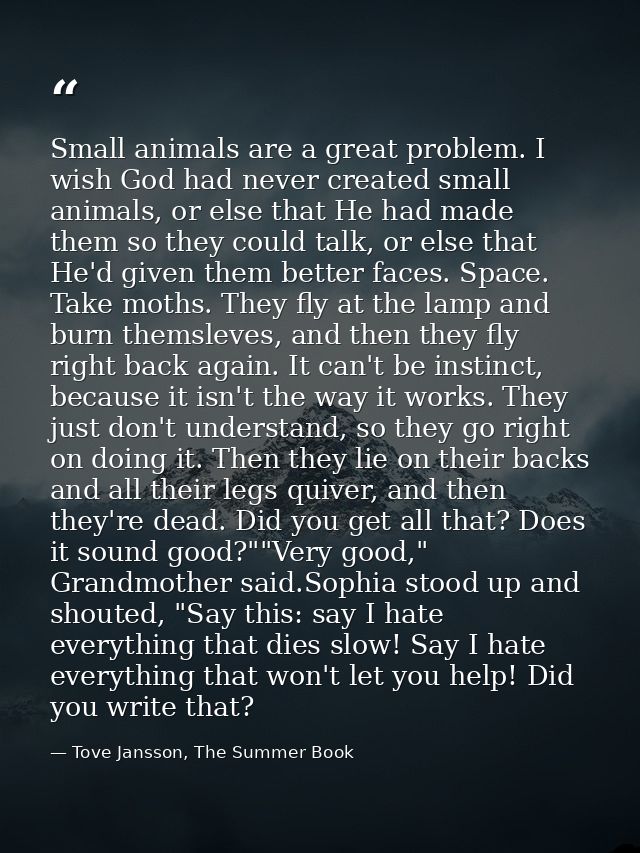 Small animals are a great problem. I wish God had never created small animals, or else that He had made them so they cou — Tove Jansson, The Summer Book