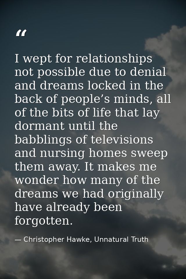 I wept for relationships not possible due to denial and dreams locked in the back of people’s minds, all of the bits of  — Christopher Hawke, Unnatural Truth