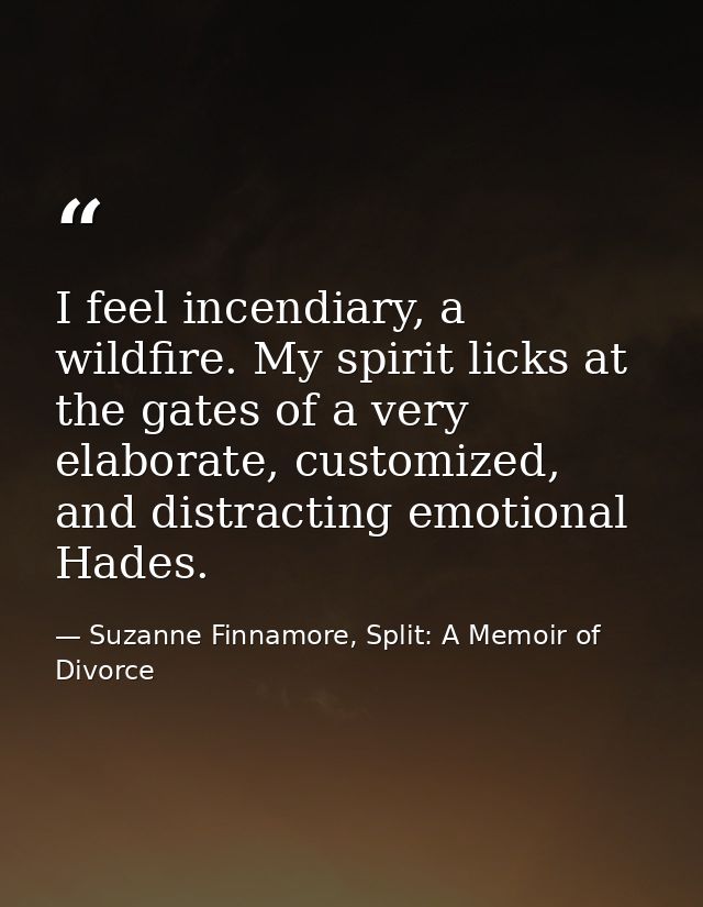 I feel incendiary, a wildfire. My spirit licks at the gates of a very elaborate, customized, and distracting emotional H — Suzanne Finnamore, Split: A Memoir of Divorce