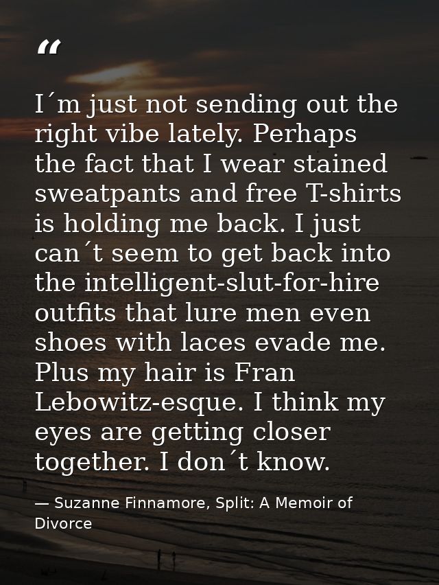 I´m just not sending out the right vibe lately. Perhaps the fact that I wear stained sweatpants and free T-shirts is hol — Suzanne Finnamore, Split: A Memoir of Divorce