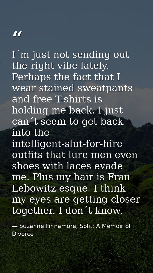 I´m just not sending out the right vibe lately. Perhaps the fact that I wear stained sweatpants and free T-shirts is hol — Suzanne Finnamore, Split: A Memoir of Divorce