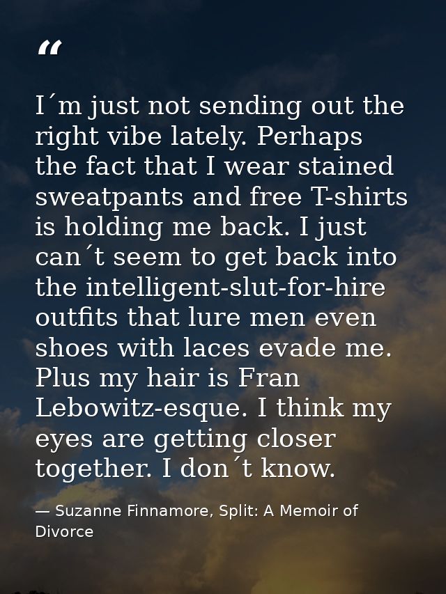 I´m just not sending out the right vibe lately. Perhaps the fact that I wear stained sweatpants and free T-shirts is hol — Suzanne Finnamore, Split: A Memoir of Divorce