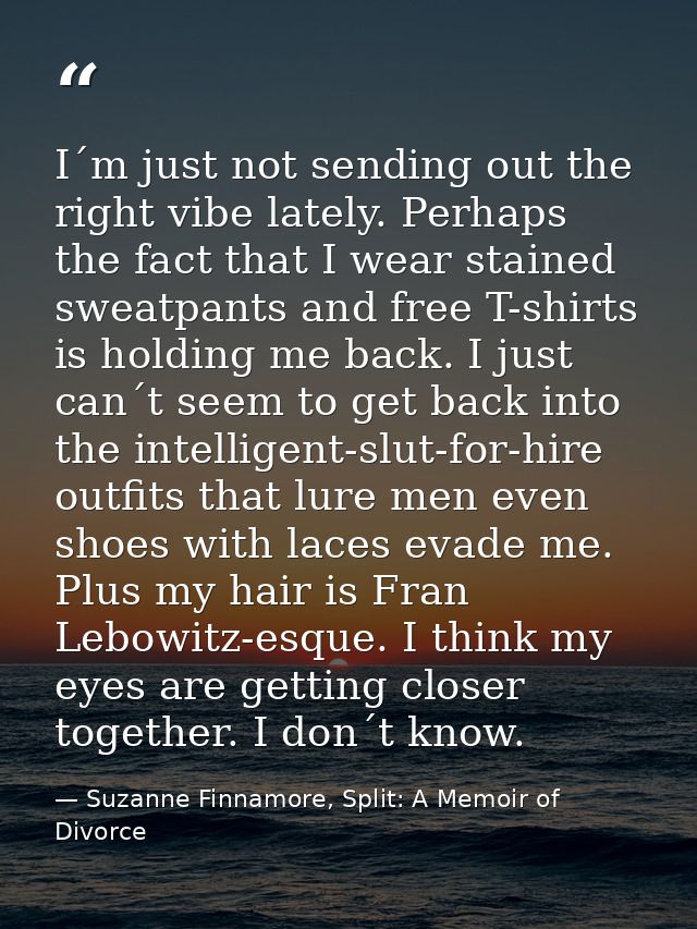 I´m just not sending out the right vibe lately. Perhaps the fact that I wear stained sweatpants and free T-shirts is hol — Suzanne Finnamore, Split: A Memoir of Divorce