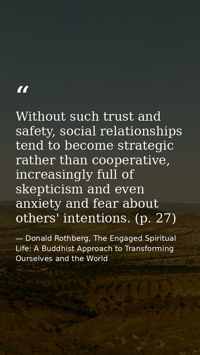 Without such trust and safety, social relationships tend to become strategic rather than cooperative, increasingly full  — Donald Rothberg, The Engaged Spiritual Life: A Buddhist Approach to Transforming Ourselves and the World