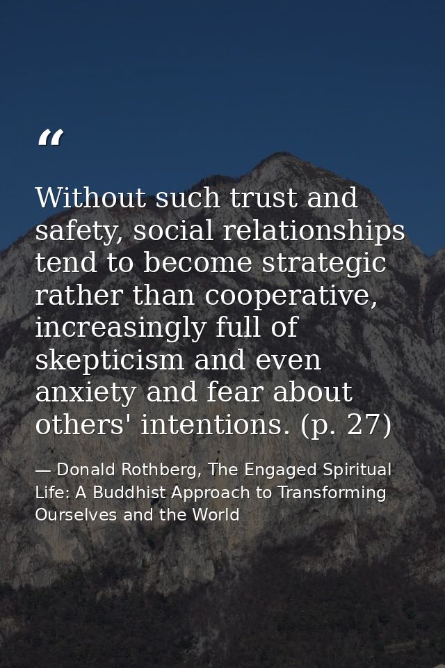 Without such trust and safety, social relationships tend to become strategic rather than cooperative, increasingly full  — Donald Rothberg, The Engaged Spiritual Life: A Buddhist Approach to Transforming Ourselves and the World