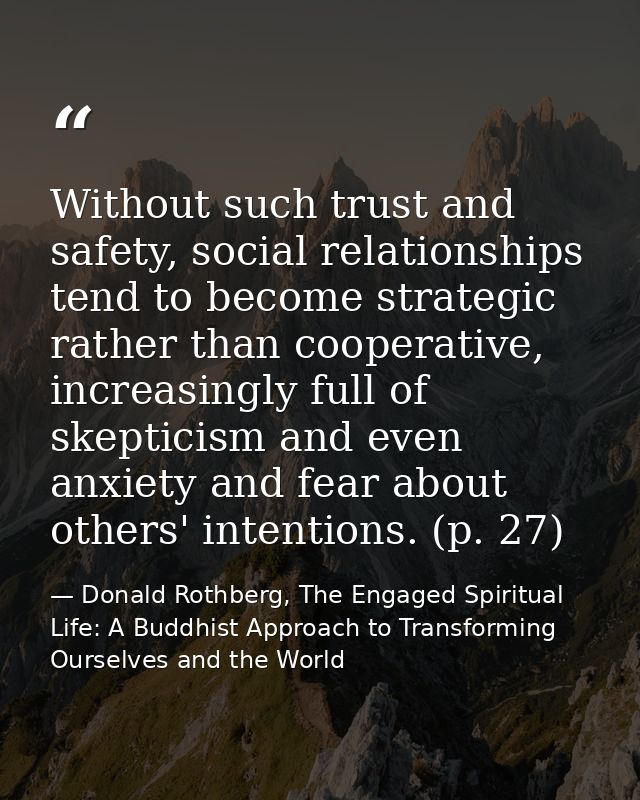 Without such trust and safety, social relationships tend to become strategic rather than cooperative, increasingly full  — Donald Rothberg, The Engaged Spiritual Life: A Buddhist Approach to Transforming Ourselves and the World
