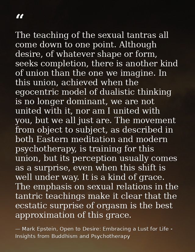 The teaching of the sexual tantras all come down to one point. Although desire, of whatever shape or form, seeks complet — Mark Epstein, Open to Desire: Embracing a Lust for Life - Insights from Buddhism and Psychotherapy