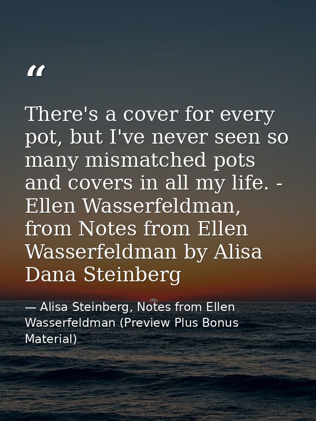 There's a cover for every pot, but I've never seen so many mismatched pots and covers in all my life. - Ellen Wasserfeld — Alisa Steinberg, Notes from Ellen Wasserfeldman (Preview Plus Bonus Material)