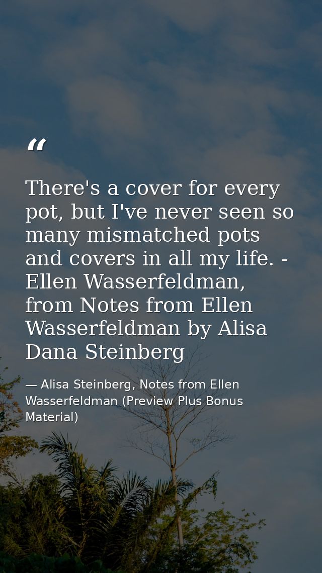 There's a cover for every pot, but I've never seen so many mismatched pots and covers in all my life. - Ellen Wasserfeld — Alisa Steinberg, Notes from Ellen Wasserfeldman (Preview Plus Bonus Material)