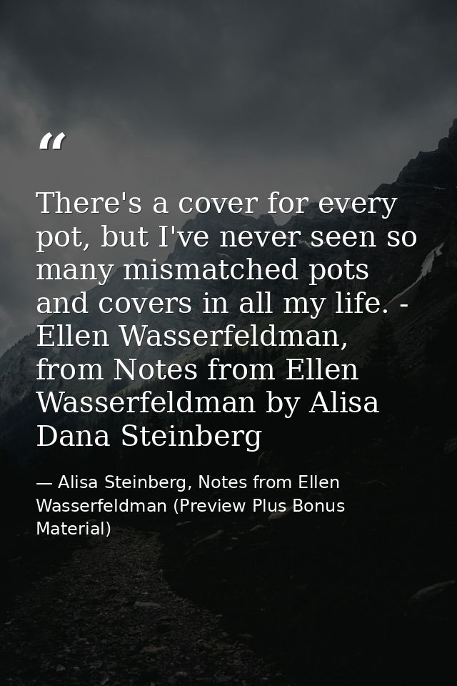 There's a cover for every pot, but I've never seen so many mismatched pots and covers in all my life. - Ellen Wasserfeld — Alisa Steinberg, Notes from Ellen Wasserfeldman (Preview Plus Bonus Material)