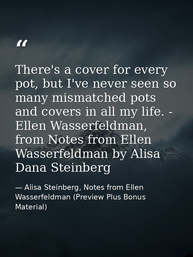 There's a cover for every pot, but I've never seen so many mismatched pots and covers in all my life. - Ellen Wasserfeld — Alisa Steinberg, Notes from Ellen Wasserfeldman (Preview Plus Bonus Material)