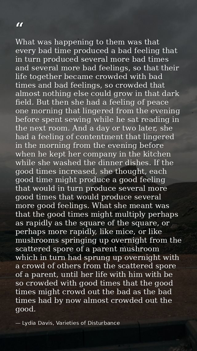 What was happening to them was that every bad time produced a bad feeling that in turn produced several more bad times a — Lydia Davis, Varieties of Disturbance
