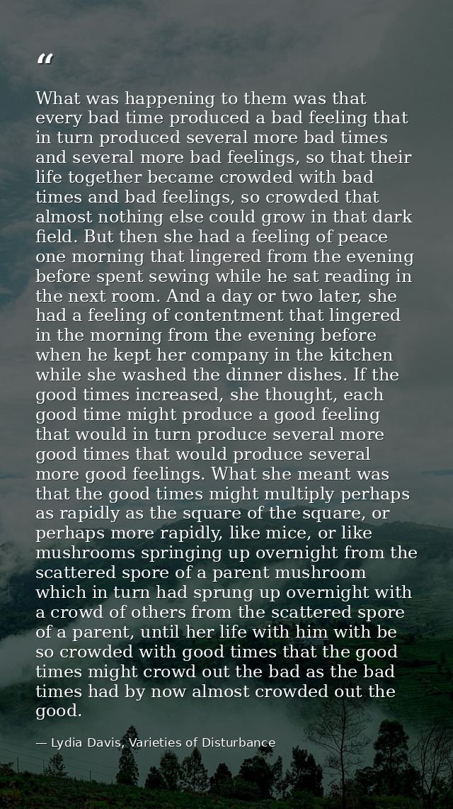 What was happening to them was that every bad time produced a bad feeling that in turn produced several more bad times a — Lydia Davis, Varieties of Disturbance