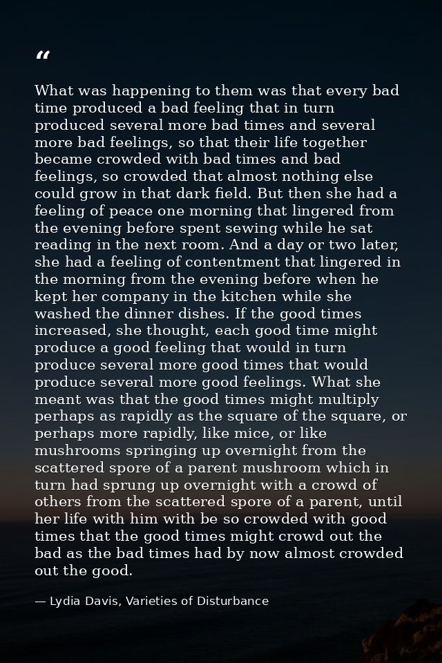 What was happening to them was that every bad time produced a bad feeling that in turn produced several more bad times a — Lydia Davis, Varieties of Disturbance