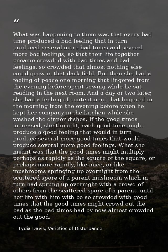 What was happening to them was that every bad time produced a bad feeling that in turn produced several more bad times a — Lydia Davis, Varieties of Disturbance