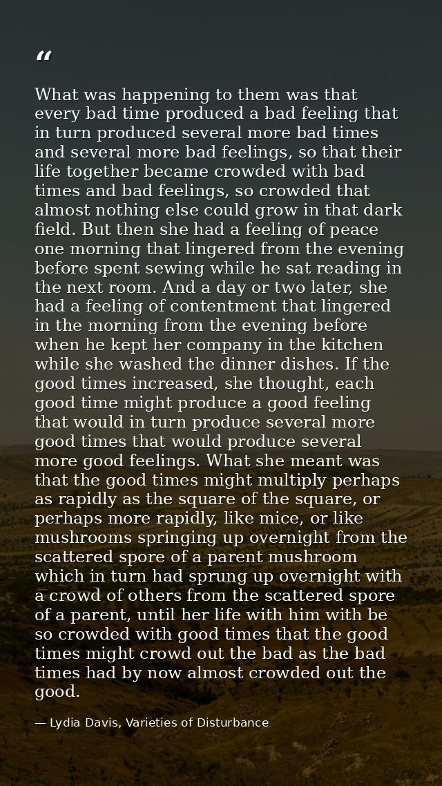 What was happening to them was that every bad time produced a bad feeling that in turn produced several more bad times a — Lydia Davis, Varieties of Disturbance