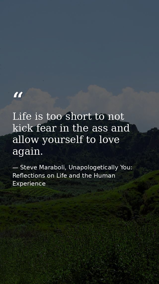 Life is too short to not kick fear in the ass and allow yourself to love again. — Steve Maraboli, Unapologetically You: Reflections on Life and the Human Experience