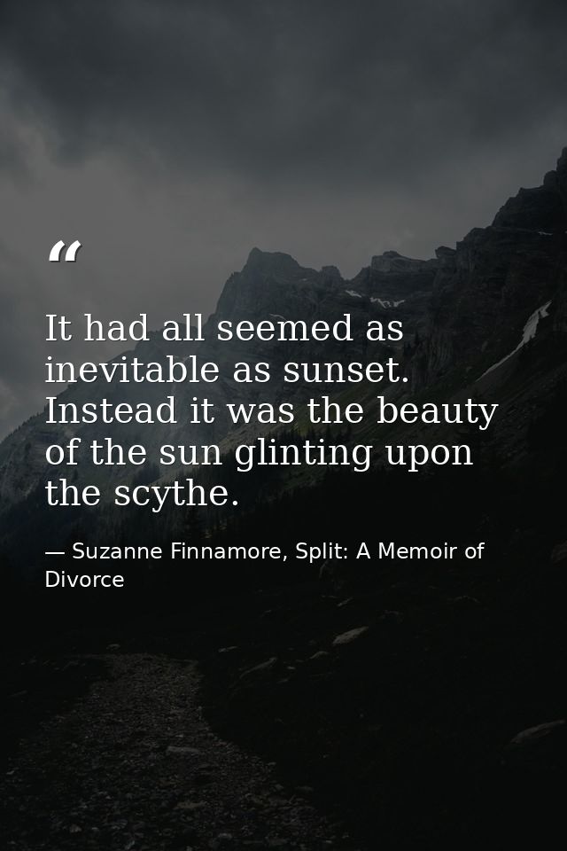 It had all seemed as inevitable as sunset. Instead it was the beauty of the sun glinting upon the scythe. — Suzanne Finnamore, Split: A Memoir of Divorce