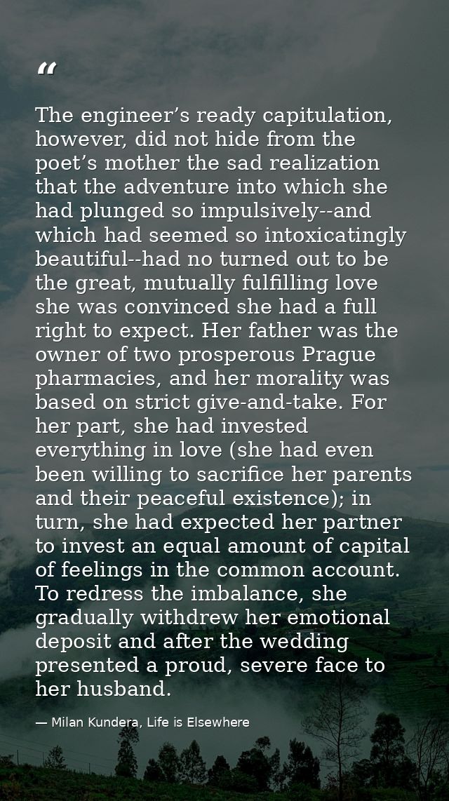 The engineer’s ready capitulation, however, did not hide from the poet’s mother the sad realization that the adventure i — Milan Kundera, Life is Elsewhere