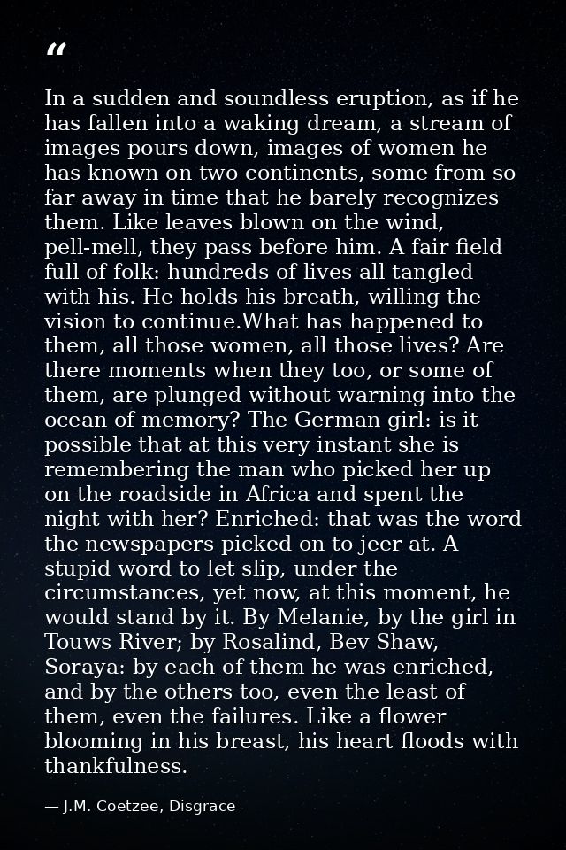 In a sudden and soundless eruption, as if he has fallen into a waking dream, a stream of images pours down, images of wo — J.M. Coetzee, Disgrace