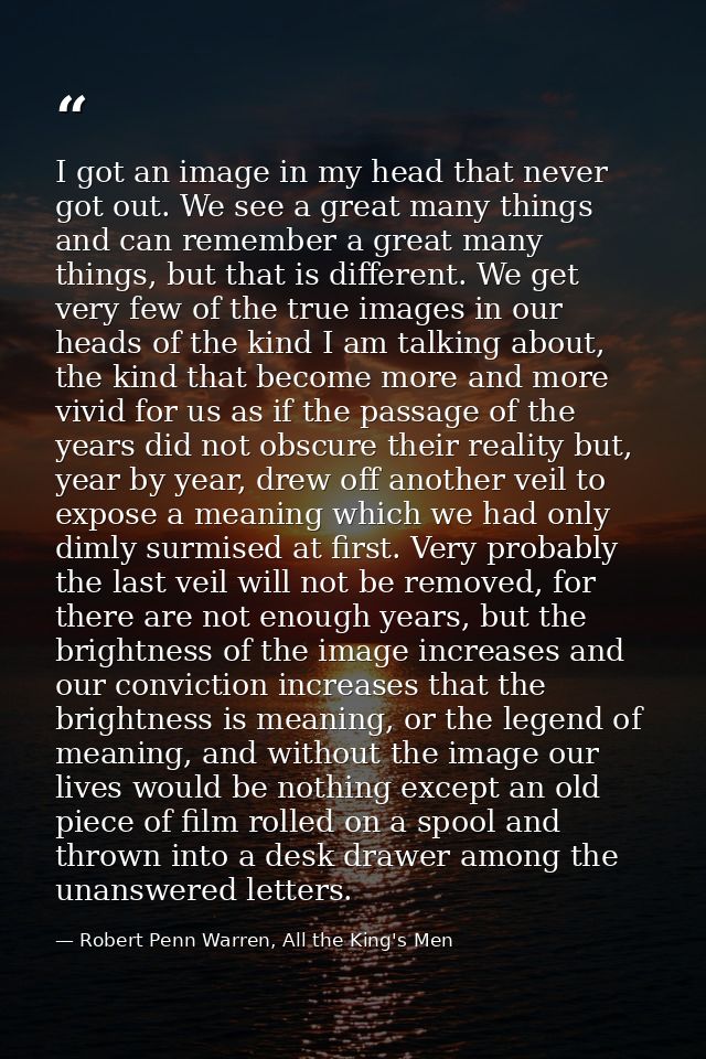 I got an image in my head that never got out. We see a great many things and can remember a great many things, but that  — Robert Penn Warren, All the King's Men